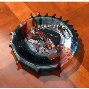 Vintage 1992 Fused Art Glass Plate Carol Lahey Signed Turquoise Purple Spiral